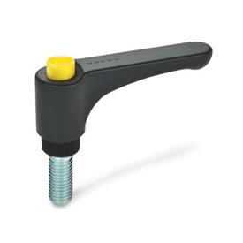 GN 600 Flat Adjustable Hand Levers, with Releasing Button, Plastic, Threaded Stud Steel Color (Releasing button): DGB - Yellow, RAL 1021, shiny