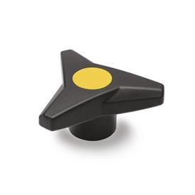 GN 533.6 Three-Lobed Knobs, Softline, Bushing Brass / Stainless Steel Color of the cover cap: DGB - Yellow, RAL 1021, matte finish