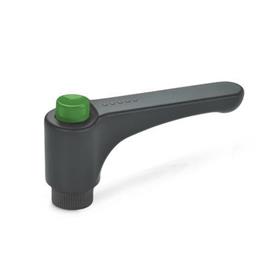 GN 600 Palancas de apriete ajustables planas con pulsador de desbloqueo, plástico, casquillo de latón Pulsador de desbloqueo de color: DGN - verde, RAL 6017, brillante