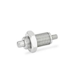 GN 613 Indexing Plungers, Stainless Steel / Plastic Knob Material: NI - Stainless steel<br />Type: GK - With threaded stud, with lock nut
