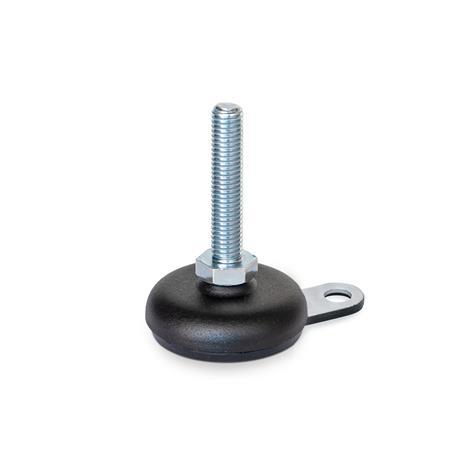 GN 32 Leveling Feet, Steel Sheet Metal, with Rubber Pad, with Mounting Flange Type (Base): A5 - Steel, plastic coated black, rubber inlaid, black
Version (Screw): S - Without nut, external hex at the bottom