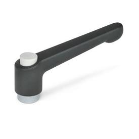 GN 303.2 Manettes indexables, zinc moulé sous pression, insert acier zinguée, avec filetage interne , avec bouton de déverrouillage Couleur du bouton de déverrouillage: G - gris, RAL 7035