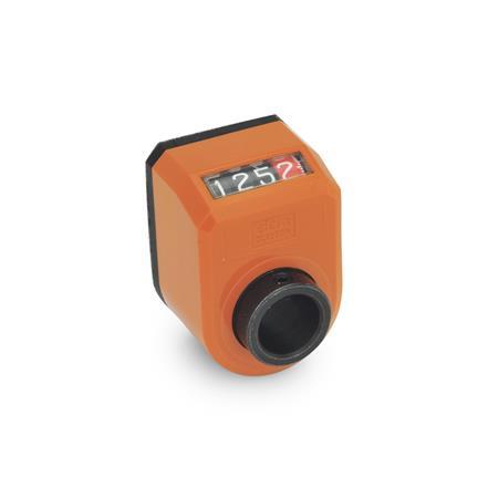 GN 954 Position Indicators, 4 Digits, Digital Indication, Mechanical Counter Installation (Front view): AN - On the chamfer, above
Color: OR - Orange, RAL 2004