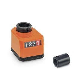 GN 9534 Position Indicators for Configurable Linear Actuators, Mechanical Counter Installation (Front view): AR - On the chamfer, below<br />Material: ST - Steel<br />Color: GR - Gray, RAL 7035