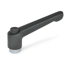 GN 303.2 Manettes indexables, zinc moulé sous pression, insert acier zinguée, avec filetage interne , avec bouton de déverrouillage Couleur du bouton de déverrouillage: S - noir, RAL 9005