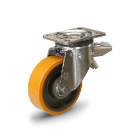 GN 22887 Medium Duty Casters, Wheel Tread Polyurethane, Wheel Core Cast Iron, Medium Version Bearing type: K - Ball bearing<br />Type (bracket): LF - Swivel bracket with mounting plate, with total lock brake<br />Coding: M - Medium version<br />Material (bracket): ST - Steel sheet metal