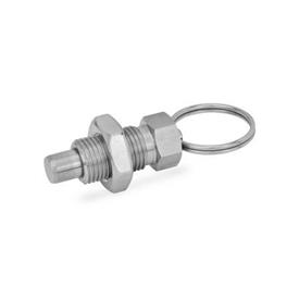 GN 717 Stainless Steel Indexing Plungers, with Lifting Ring / with Wire Loop, without Rest Position Type: AK - With pull ring, with locknut<br />Material: NI - Stainless steel