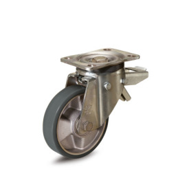 GN 22885 Medium Duty Casters, Wheel Tread Polyurethane, Wheel Core Aluminum, Medium Version Bearing type: K - Ball bearing<br />Type (bracket): LF - Swivel bracket with mounting plate, with total lock brake<br />Coding: M - Medium version<br />Material (bracket): STE - Steel sheet metal