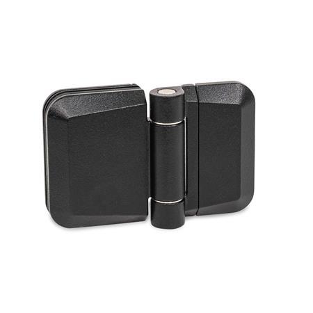 GN 938 Hinges, Zinc Die Casting, for Panels (Door Panes) Material: ZD - Zinc die casting
Finish: SW - Black, RAL 9005, textured finish