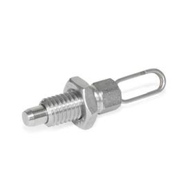 GN 717 Stainless Steel Indexing Plungers, with Lifting Ring / with Wire Loop, without Rest Position Type: DK - With wire loop, with locknut<br />Material: NI - Stainless steel