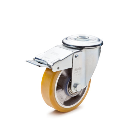 GN 22885 Medium Duty Casters, Wheel Tread Polyurethane, Wheel Core Aluminum, Light Version Bearing type: K - Ball bearing
Type (bracket): RF - Swivel bracket with center hole, with total lock brake
Coding: L - Light version
Material (bracket): ST - Steel sheet metal