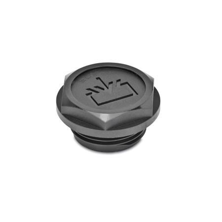 GN 747.2 Tapones roscados con símbolo de rellenado, junta engastada, plástico Orificio de ventilación: 1 - Sin agujero de ventilación