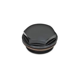 GN 742 Threaded Plugs with and without Symbols, Viton-Seal, Aluminum, Resistant up to 180°C Type: OSS - Neutral, black anodized<br />Identification no.: 1 - Without vent hole