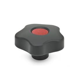 GN 5337.7 Sterngriffe mit farbigen Abdeckkappen, Kunststoff, Buchse Edelstahl Form: E - mit Abdeckkappe (Gewinde-Sackloch)<br />Farbe der Abdeckkappe: DRT - rot, RAL 3000, matt
