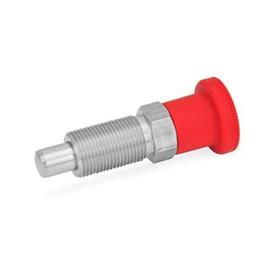 GN 817 Stainless Steel Indexing Plungers with Red Knob Material: NI - Stainless steel<br />Type: B - Without rest position, without lock nut<br />Color: RT - Red, RAL 3000, matte finish
