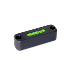 GN 2283 Screw-On Spirit Levels, for Mounting with Screws Material / Finish: ALS - Anodized black<br />Sensitivity: 6 - Angle minutes, bubble move by 2 mm<br />Type: AV - Aligned, mounting from the front side (not adjustable)