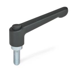 GN 303.2 Adjustable Hand Levers with Releasing Button, Zinc Die Casting, Threaded Stud Steel Zinc Plated Color releasing button: S - Black, RAL 9005