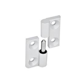 GN 337 Hinges, Detachable, Zinc Die casting Material: ZD - Zinc die casting<br />Finish: SR - Silver, RAL 9006, textured finish<br />Identification no.: 2 - Fixed bearing (pin) left