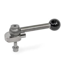 GN 918.7 Clamping Bolts, Stainless Steel, Downward Clamping, Screw from the Back Type: GVB - With ball lever, straight (serration)<br />Clamping direction: R - By clockwise rotation (drawn version)