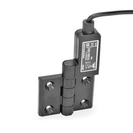 GN 239.4 Hinges with Switch, Plastic, with Connector Cable Identification: SR - Bores for contersunk screw, switch right<br />Type: AK - Cable at the top