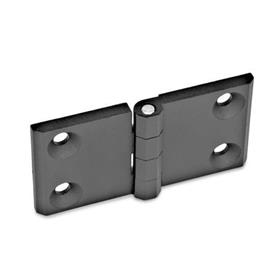 GN 237 Hinges, Horizontally Elongated, Zinc Die Casting Werkstoff: ZD - Zinc die casting<br />Type: A - 2x2 bores for countersunk screws<br />Finish: SW - Black, RAL 9005, textured finish<br />Hinge wings: l3 = l4 - elongated on both sides