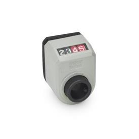 GN 954 Position Indicators, 4 Digits, Digital Indication, Mechanical Counter, Hollow Shaft Steel Installation (Front view): AN - On the chamfer, above<br />Color: GR - Gray, RAL 7035