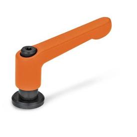 GN 307 Manettes indexables, zinc moulé sous pression, insert acier, avec filetage femelle, avec disques de positionnement Couleur: OS - orange, RAL 2004, finition texturée