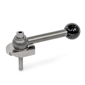 GN 918.7 Clamping Bolts, Stainless Steel, Downward Clamping, Screw from the Operator's Side Type: GVS - With ball lever, straight (serration)<br />Clamping direction: L - By anti-clockwise rotation