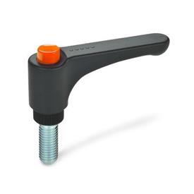 GN 600 Flat Adjustable Hand Levers, with Releasing Button, Plastic, Threaded Stud Steel Color (Releasing button): DOR - Orange, RAL 2004, shiny finish