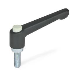GN 303.2 Maniglie a ripresa, zinco pressofusa, inserto acciaio zincato, con perno filettato , con pulsante di sblocco Colore pulsante di sblocco: G - grigio, RAL 7035