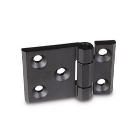 GN 237.3 Bisagras de servicio pesado, acero inoxidable, alargadas horizontalmente Tipo: A - con orificios para tornillos avellanados<br />Acabado: SW - negro, RAL 9005, acabado texturado<br />Hojas de bisagra: l3 ≠ l4 - alargado por un lado