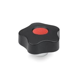 GN 5337.1 Pomos en estrella, con casquillo de acero inoxidable saliente, con tapa Tipo: E - Con tapa (orificio ciego roscado)<br />Color de la tapa de cubierta: DRT - Rojo, RAL 3000, acabado mate