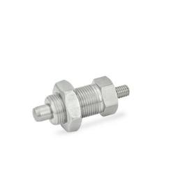 GN 617 Indexing Plungers, Stainless Steel / Plastic Knob Material: NI - Stainless steel<br />Type: GK - With threaded stud, with lock nut