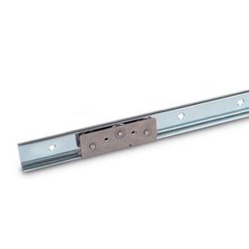 GN 1490 Linear Guide Rail Systems, Steel, with Inside Traversal Distance Type: A3 - with one cam roller carriage with 3 rollers<br />Identification no.: 0 - without end stop<br />Finish: ZB - Zinc plated, blue passivated