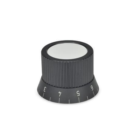 GN 726.2 Control Knobs, Aluminum, with Scale Ring Type: S - With scale 0...9, 20 graduations
Identification no.: 2 - With collet