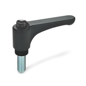 GN 600 Flat Adjustable Hand Levers, with Releasing Button, Plastic, Threaded Stud Steel Color (Releasing button): DSG - Black-gray, RAL 7021, shiny finish