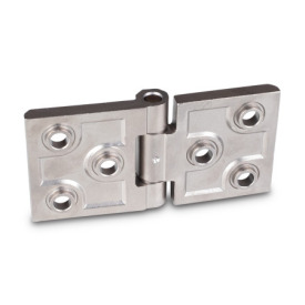 GN 237.3 Cerniere per impieghi gravosi, acciaio INOX, per ambienti particolarmente aggressivi, allungate in senso orizzontale Type: B - Con fori alesati per viti a testa svasata e centraggi<br />Finish: GS - finitura matt da sabbiatura<br />Hinge wings: l3 = l4 - allungate su entrambi i lati