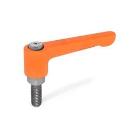 GN 302.1 Manettes indexables plates, zinc moulé sous pression, insert en inox, goujon fileté Couleur: OS - orange, RAL 2004, finition texturée