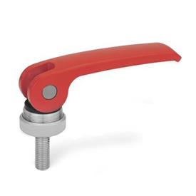 GN 927.4 Clamping Levers with Eccentrical Cam with Threaded Stud, Lever Zinc Die Casting Type: A - Plastic contact plate with setting nut<br />Color: R - Red, RAL 3000