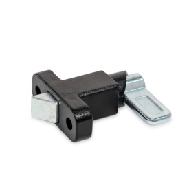 GN 724.2 Spring Latches, Steel / Stainless Steel, with Chamfered Pin, with Flange for Surface Mounting Identification no.: 3 - Chamfer, right<br />Type: B - Latch arm position parallel to the flange<br />Material / Finish: SW - Black, RAL 9005, textured finish