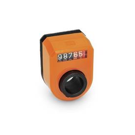 GN 953 Indicatori di posizione, a 5 cifre, indicazione digitale, contatore meccanico, albero cavo in acciaio Installazione (vista frontale): FN - Nella parte anteriore, in alto<br />Colore: OR - arancione, RAL 2004
