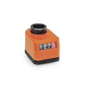 GN 954 Position Indicators, 4 Digits, Digital Indication, Mechanical Counter, Hollow Shaft Steel Installation (Front view): AR - On the chamfer, below<br />Color: OR - Orange, RAL 2004
