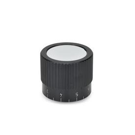 GN 726.1 Control Knobs, Aluminum, Black Anodized Type: S - With scale 0...9, 20 graduations<br />Identification no.: 2 - With collet