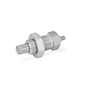 GN 817 Stainless Steel Indexing Plungers / Plastic Knob Material: NI - Stainless steel<br />Type: GK - With threaded stud, with lock nut