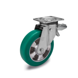 GN 22886 Medium Duty Casters, Wheel Tread Polyurethane, Wheel Core Aluminum, Medium Version Bearing type: K - Ball bearing<br />Type (bracket): LF - Swivel bracket with mounting plate, with total lock brake<br />Coding: M - Medium version<br />Material (bracket): ST - Steel sheet metal