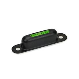 GN 2282 Screw-OnSpirit Levels, Housing Brass, for Mounting with Screws Sensitivity: 6 - Angle minutes, bubble move by 2 mm<br />Material / Finish: MSW - Black, RAL 9005, textured finish<br />Identification no.: 1 - Viewing window top