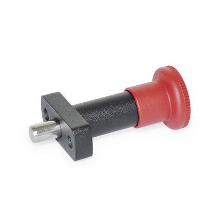 Indexing Plungers with Red Knob GN 817.1: Zinc Die Casting, with Flange for Surface Mounting, with or without Rest Position
