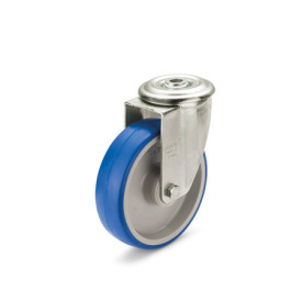 GN 22884 Medium Duty Casters, Wheel Tread Polyurethane, Wheel Core Polyamide, Light Version Bearing type: G - Friction bearing<br />Type (bracket): R - Swivel bracket with center hole<br />Coding: L - Light version<br />Material (bracket): NI - Stainless steel sheet metal