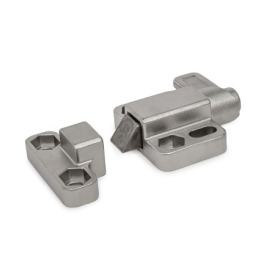 GN 724.3 Spring Latches, Steel / Stainless Steel, with Chamfered Pin, with Flange for Surface Mounting Type: R - right indexing cam<br />Chamfered pin identification no.: 1 - Chamfer, top<br />Material / Finish: NI - Stainless steel precision casting<br />Catch identification no.: 2 - With catch