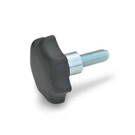 GN 6336.4 Boutons étoile, plastique, avec douille saillante en acier, goujon fileté en acier 
